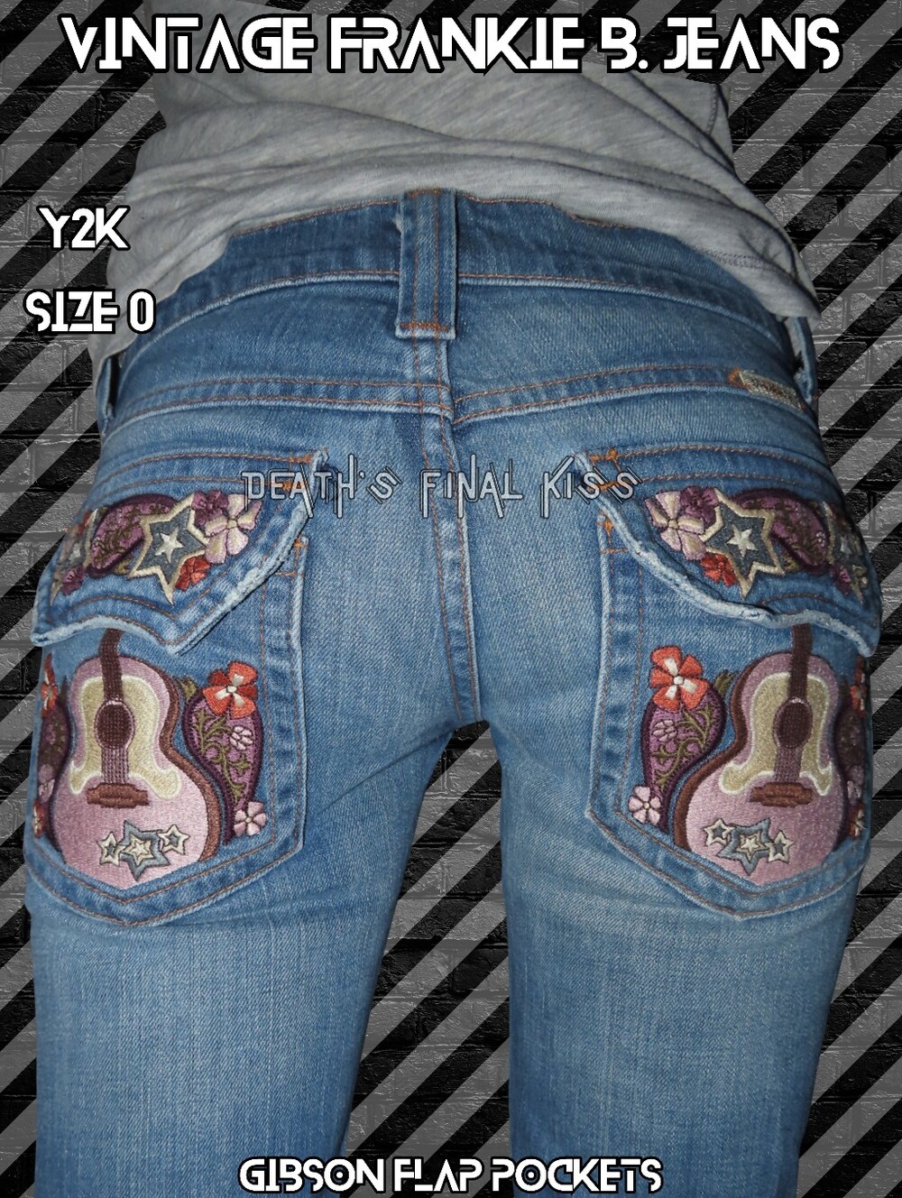 HTF Y2K Frankie B. Ultra Low Rise Jeans Gibson Embroidered Flap Guitar Pockets 0